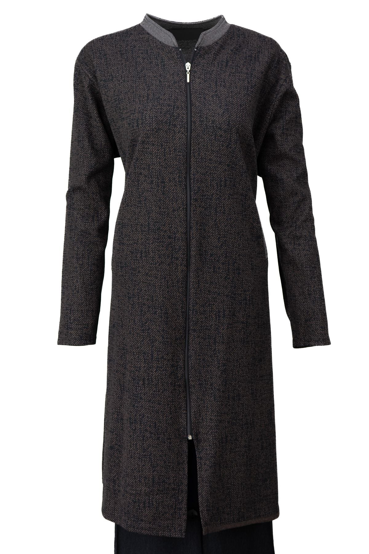 Kadın Kışlık Anne Uzun Hırka Pamuklu Fermuarlı Hakim Yaka Çift Cepli Kar Yağışı Modelli